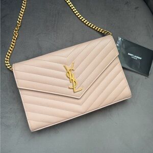 Yves Saint Laurent blush pink Cassandre Envelope Wallet on Chain crossbody
